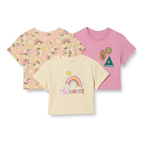 Amazon Essentials Girls Girls and Toddlers 3-Pack Short Sleeve T-Shirts Badges/Unicorn/Wander 3T