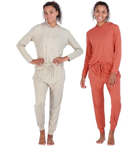 Image of Real Essentials 2 Pack: Women's Soft Long Sleeve Sleep Set - Comfortable Lounge Pull Over Hoodie and Henley Jogger