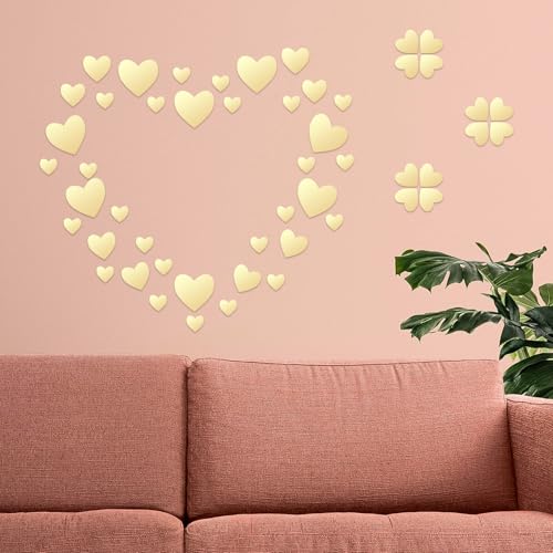 TAIANJI Lot de 68 mini carreaux de miroir autocollants - En acrylique - En forme de cœur - Petit miroir - Pour bricolage - Décoration murale de salle de bain - Doré