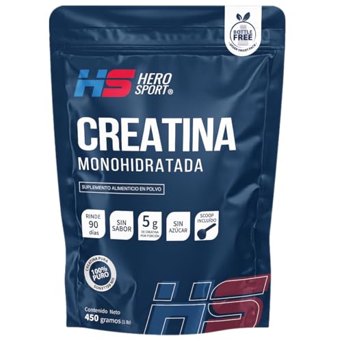 Creatinas, HS HERO SPORT Creatina Monohidratada de Alta Pureza 450g en Polvo. 5g de Creatina por Porción, 100% Pura, 100% Natural, 0 Azúcar, Sin Sabor, Sin Olor, Bottle...