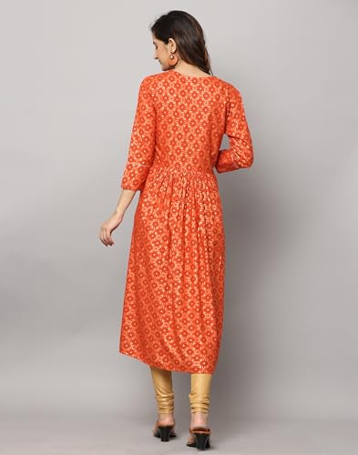 Image of Gold Print Kurta with Gota Lace on Front Yoke, Bottom Hem & Sleeve
