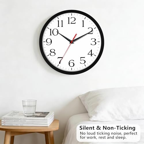 Image of DAXSMY 14 Inch Wall Clock - Battery Operated, Silent Non-Ticking Analog Sweep Movement - Easy to Read Numbers for Home, Office, Kitchen, Classroom (Black)