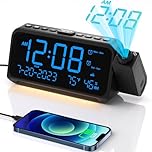 Projection Alarm Clock, Digital Clock with Night Light on Ceiling Wall, 350°Rotatable Projector, 5-Level Dimmer, Type-C USB Charger, Temperature & Date Display, 12/24H, Dual Alarm Clock for Bedroom