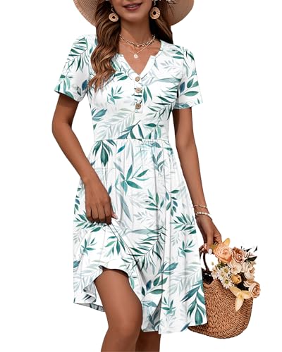 Image of WNEEDU Women V Neck Button Down Empire Waist Midi Summer Dress with Pockets