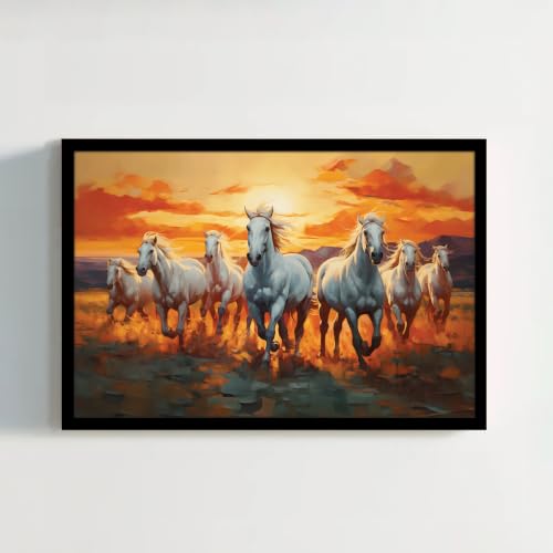 Image of PAINTINGMANTRA 7 Running Horses Vastu Framed Wall Art Painting For Living Room, Seven White Horses Poster with frame for Wall, Decoration item for bedroom, 10x13 Inch
