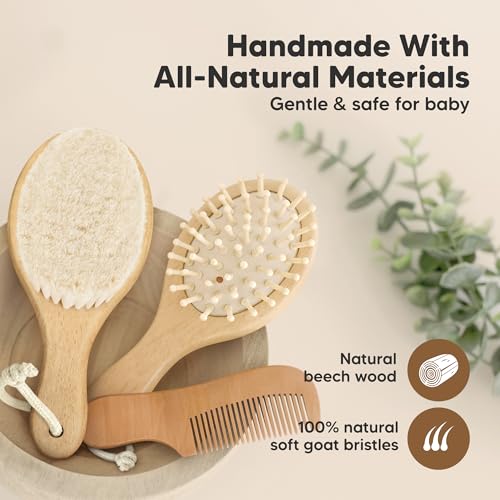 Image of Wooden Baby Hair Brush Set for Newborns, Toddler Comb (Walnut, Petite) | Soft Goat Bristle, Baby Brush and Comb Set, Infant Grooming Kit, Cradle Cap Care, Durable & Gentle, Boy, Girl Bath Essential