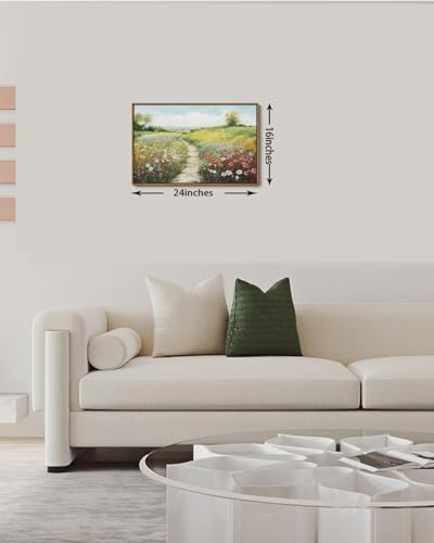 Image of KISSFOX Vintage Framed Wall Art Decor Spring Landscape Pictures Wall Decor Rustic Wildflower Path Paintings Countryside Canvas Art Prints Modern Farmhouse Artwork For Bedroom Kitchen Living Room
