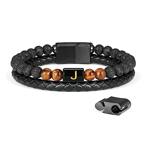 LUXEJEW Beaded Bracelets for Men - Black Mens Leather Bracelet Letter J Initial Bracelets for Men Lava Rock Stone Tiger Eye Mens Bracelet Beads Jewelry Men's Gifts for Husband Dad Son