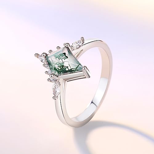 Vintage Moss Agate Promise Rings - Unique Engagement Rings for Women with 7x10 Kite shaped Stone - Titanium Plating Promise Rings for Her - Silver Wedding Band3