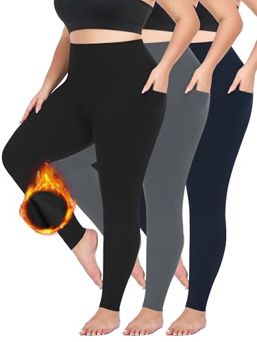 3 Pack Plus Size Fleece Lined Leggings for Women-Warm Leggings with Pockets High Waist Thermal Yoga Pants Winter Workout Leggings (US, Alpha, 2X, Plus, Regular, Gray+Navy+Black)