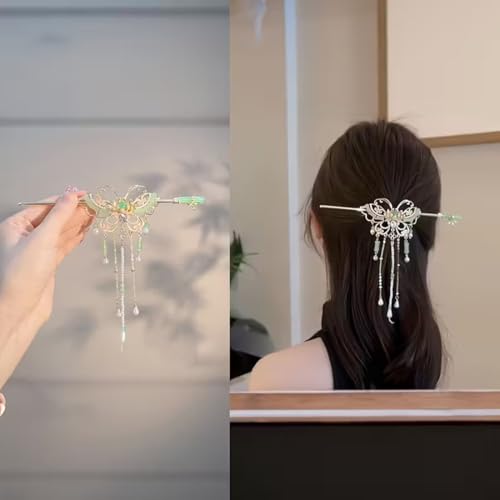 Image of Ashkash 1pc Traditional Chinese Butterfly Hairpin for Women, Elegant Metal Hair Stick with Dangling Chains and Beads, Fashionable Hair Accessory for Festive Occasions