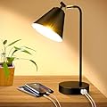 Industrial Dimmable Desk Lamp with 2 USB Charging Ports AC Outlet, Touch Control Bedside Nightstand Reading Lamp Flexible Head, Black Metal Table Lamp for Bedroom Office Living Room, Bulb Included