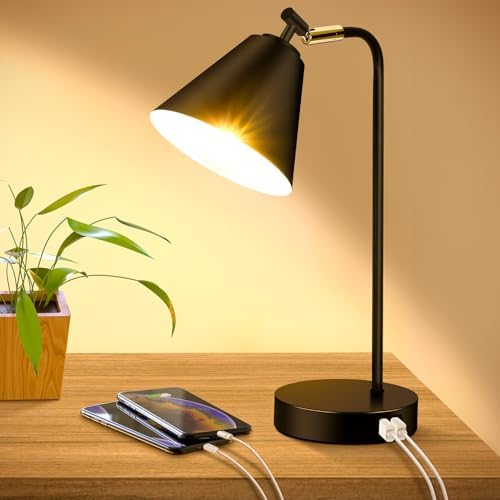 Industrial Dimmable Desk Lamp with 2 USB Charging Ports AC Outlet
