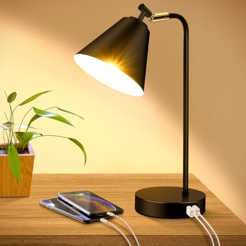 Industrial Dimmable Desk Lamp with 2 USB Charging Ports AC Outlet, Touch Control Bedside Nightstand Reading Lamp Flexible Head, Black Metal Table Lamp for Bedroom Office Living Room, Bulb Included by Brightever - Used condition - US$31.06