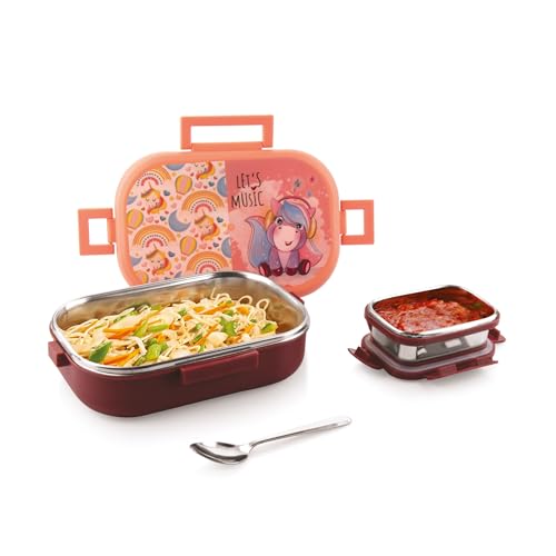 Image of Attro Food Time Deluxe Stainless Steel Lunch Box with 1 Small Container & Eyecatchy Prints Airtight & Spillproof - 750ml+250ml Unicorn Brown Peach