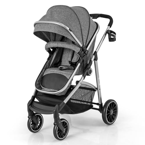 HONEY JOY Cochecito de bebé convertible 2 en 1, cochecito plegable de alto paisaje con asiento reversible, funda de pie extraíble, respaldo y toldo ajustables, cochecito para recién nacidos (gris)