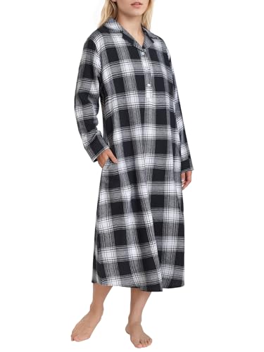 Latuza Womens Petite Flannel Nightgown Long Sleeves Night Gown XL Black