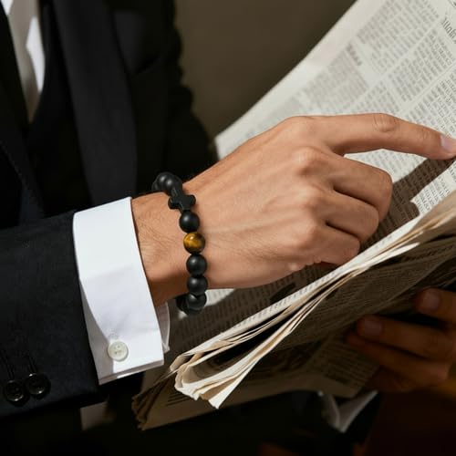 Pulsera de Hombre con Cruz y Cuentas de Piedra Negra miniatura 4