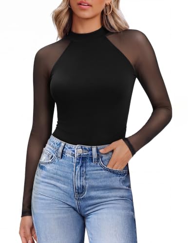 Mesh Shirts for Women Long Sleeve Lace Tops See Through Sheer Blouse Black - image 1