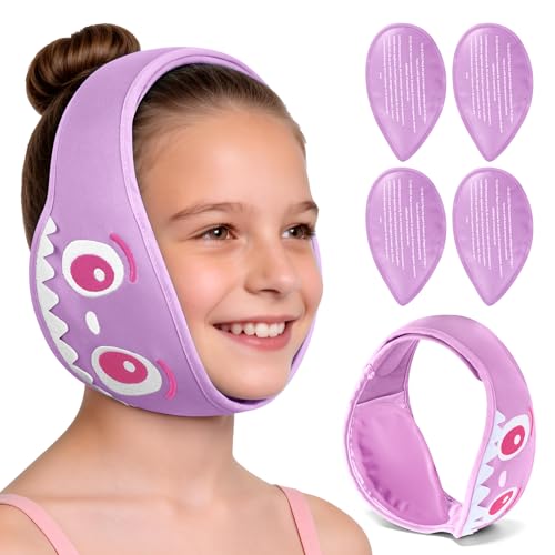 NEWGO Kids Tonsil Recovery Ice Pack Cute Wisdom Teeth Ice Pack Head Wrap with 4 Reusable Hot & Cold Gel Packs for Wisdom Teeth Kid-Friendly Gel Ice Wrap for Post-Tonsil and Dental Recovery - Purple