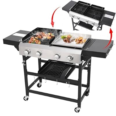 2 in 1 Propane Griddle Grill Combo 38200 BTU, 4-Burner Propane Gas BBQ Grill with 2 Foldable Side Table for Outdoor Cooking Camping Patio Backyard (propane+griddle)