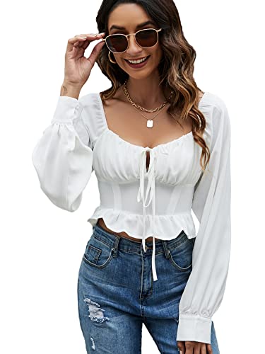 Lyaner Women's Tie Knot V Neck Ruffle Trim Long Sleeve Shirred Crop Blouse Shirt Top White Large #TOP2