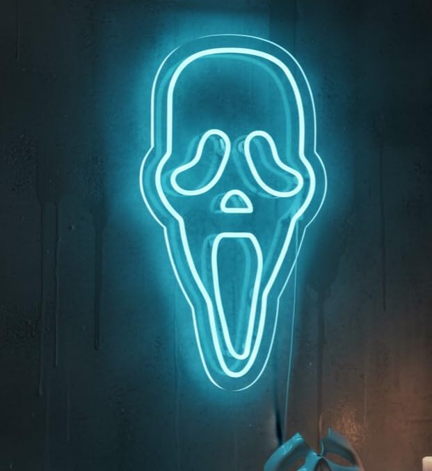 24x13 Ghost Face Neon Sign – Blue LED Horror Mask Wall Light, Creepy Halloween Decoration, Spooky Wall Art for Haunted Houses, Bars, Themed Rooms & Horror Movie Lovers, Energy-Efficient Neon Décor