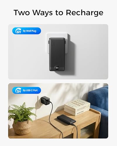Image of VEGER Portable Charger with Built-in AC Plug and Cables, All in One 10000mAh Ultra Slim Power Bank Travel Essentials, USB C External Battery Pack Compatible with iPhone, Samsung, Android, Black