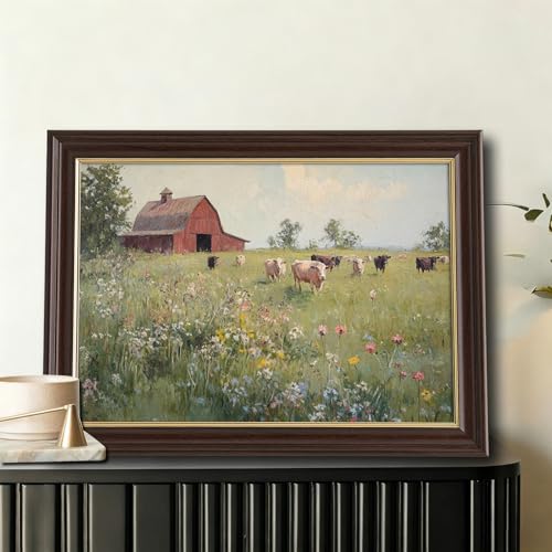 Image of Framed Vintage Cow Farm Canvas Art, Red Barn Meadow Cattle Oil Painting Canvas Prints Pictures, Rustic Farmhouse Wall Decor for Living Room Bedroom Farmhouse Home