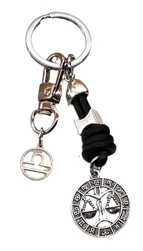 Llavero personalizado con signo zodiaco Libra para mujer en piel auténtica y metal. Regalo símbolo horóscopo para llaves o cogante bolso de cuero legítimo y diseño original. (G - Libra)