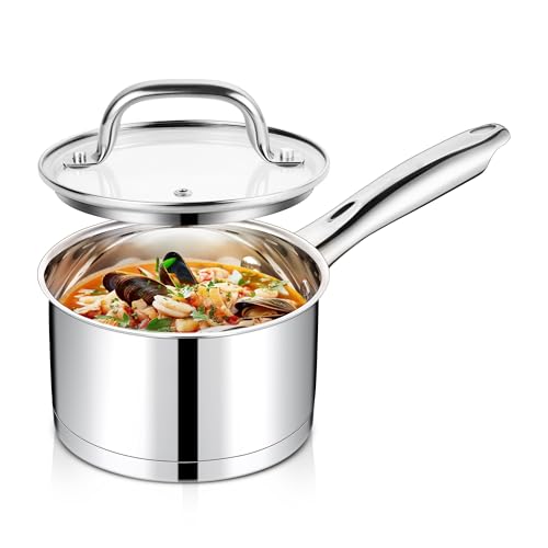 Joyfair Stielkasserolle, 14cm 3-Lagiger Boden Kasserolle mit Glasdeckel, 1 Liter Edelstahl Klein...
