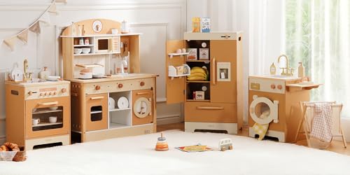 Image of ROBUD Wooden Play Kitchen, 4-in-1 Kids Kitchen Playset with Fridge, Washing Machine, Dishwasher, Toddlers Role Play Kitchen Set Gift for Boys & Girls, Age 3+ (Caramel)