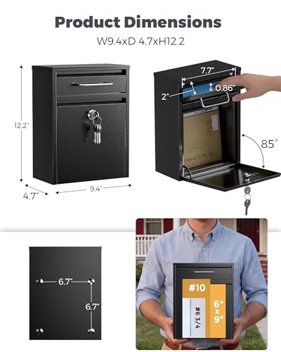Image of LAND.VOI Mailbox for Outside Wall Mount, Heavy Duty Rustproof, Anti-Theft Locking Mailbox with 4 Keys, Weatherproof for Residential & Apartment, 12.2 inchx9.5 inchx4.7 inch, Black, Small