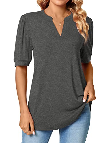 Anyally Womens Casual Notch V-Neck T-Shirts Summer Puff Short Sleeve Tops Cute Work Blouses, M Dark Grey #TOP1