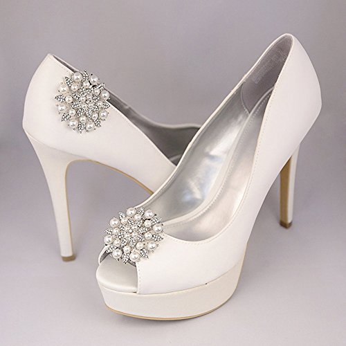 Ruihfas Fashion 2Pcs Stylish Removable Pearl Flower Shoe Clips Crystal Shoe Buckles For Wedding Party Prom (Silver Color) #TOP4