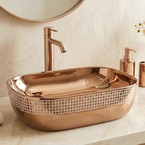 Image of BASSINO 18x13x5.5 Inches Table Top Washbasin /1 Year Warranty /Ceramic Wash Basin for Bathroom /Rectangular Shape Counter Top Wash Basin for Dining Hall /Living Room /Countertop Sink(Glossy Rosegold)