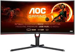 AOC AGON CU34G3S - 34 Inch QHD Curved Gaming Monitor, 1ms, VA, FreeSync premium, Height Adjust, USB HUB (3440x1440 @ 165Hz, 300 cd/m², HDMI 2.0 / DP 1.4 / USB 3.2), black