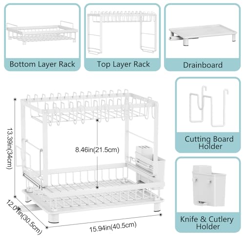 Image of Multifunctional Dish Drying Rack - Rustproof, 2-Tier Dish Racks with Drainboard, Space-Saving Design, Utensil & Cup Holder for Kitchen Counter, White