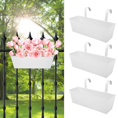 Holensun Railing Planters Outdoor Balcony 16 Inch Deck Over The Railing Planter Boxes Hanging Planters for Fence Flower 3 Pcs (White) by Holensun - Used condition - US$20.27