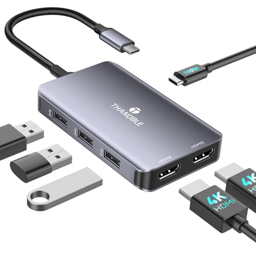 4K@60Hz USB C to Dual HDMI Adapter, 6 in 1 Docking Station Dual Monitor, 3*USB-A Data Ports, 100W PD, HDMI Splitter Extended Display Laptop USB C Hub for MacBook Neo/Air/Pro, HP, Dell and More by THANDBLE - Used condition - US$25.53