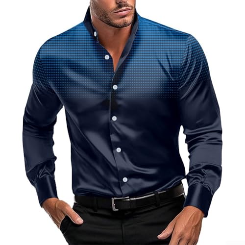 Elegante camisa de manga larga con solapa para hombre con estampado de lunares para uso diario y fiesta (M, azul oscuro)