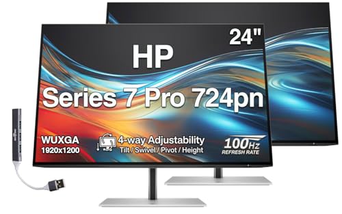 Image of HP Series 7 Pro 724pn 24 inch WUXGA IPS Monitor (2 Pack) | 5ms Response Time, Anti Glare, Flicker Free, Pivot, VESA Mount (100mm), Displayport, HDMI & Dockztorm USB Hub, Black /Silver