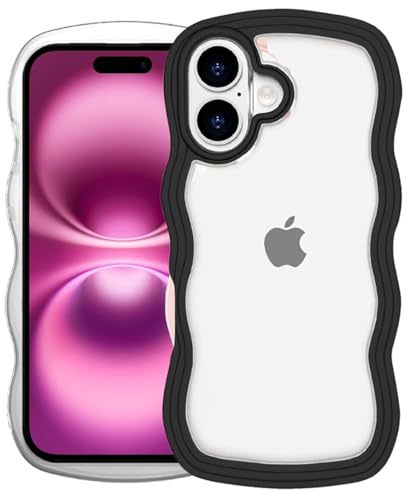 Image of GoldKart iPhone 16 Case Wavy Edge Clear Back Design, Anti-Slip Grip Cute Wave Curly Frame Shape Shockproof Soft TPU & Hard PC Bumper Protective Phone Case Cover for Women Girls - Black