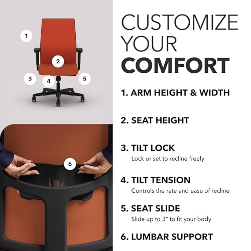 Image of HON Ignition 2.0 Mid‑Back Ergonomic Office Chair, Mesh Task Desk Chair with Lumbar Support, Standard Synchro‑Tilt, Height and Width Adjustable Arms, Black Frame, Salamander