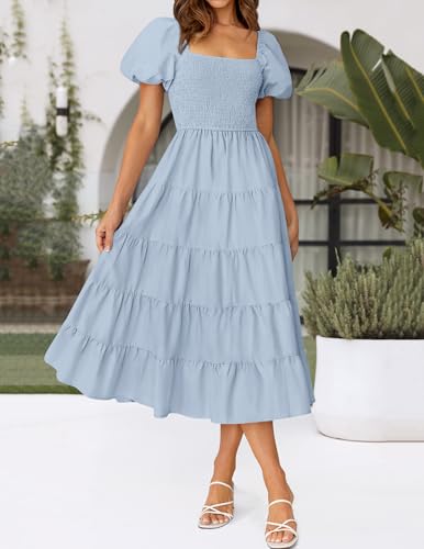 Image of ZESICA Women's 2026 Summer Puff Sleeve Midi Dress 2026 Boho Solid High Waist Flowy Beach Wedding Guest Long Dresses