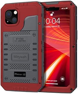 Mitywah Waterproof Case for iPhone 13,Heavy Duty Military Grade Armor Metal Case, Full Body Protective Built-in Screen Protecter Case Shockproof Dustproof Strong Rugged 13 6.1'',Red