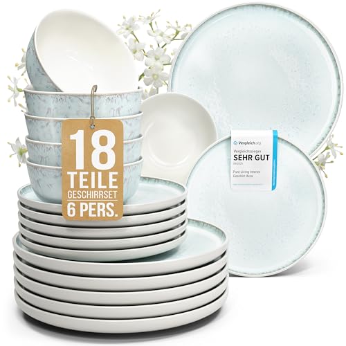 Steingut Geschirrset 6 Personen Ibiza 18 tlg. TESTSIEGER, Traumhaftes Mediterranes Steingut Geschirr Set, Sch&uuml;ssel- und Teller Set, Tafelservice 6 Personen, Geschirrsets Pure Living in Blau-Beige