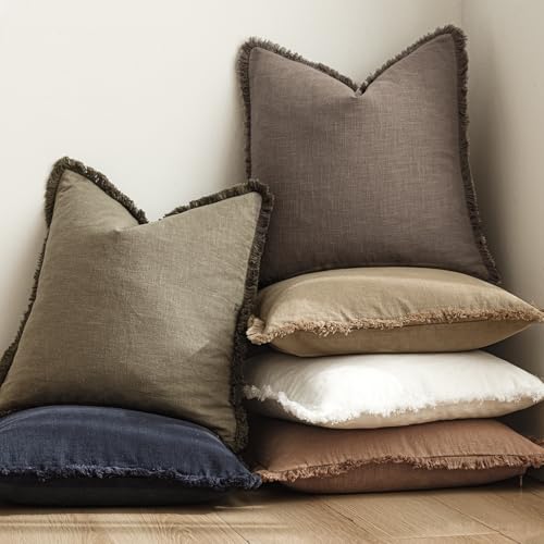 Image of Foindtower Set of 2 Decorative Linen Fringe Throw Pillow Covers Cozy Farmhouse Cushion Cover with Tassels Accent Pillowcase for Couch Chair Sofa Bed Living Room Home Decor,16x16 Inch,Light Coffee