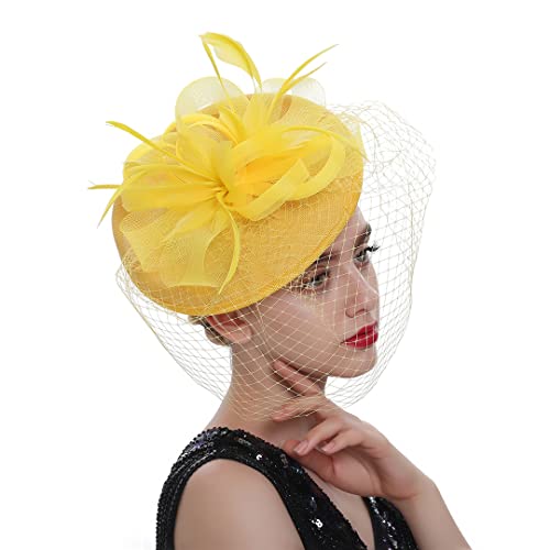 Fascinator chapeau mariage jaune et voile plume pour vos brunchs et cocktails