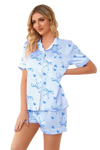 Image of Schbbbta Girls Womens Pajamas, Satin Silky Pjs Set Kids 2Pcs Button-Down Nightwear Sleepwear Gift for Mommy and me